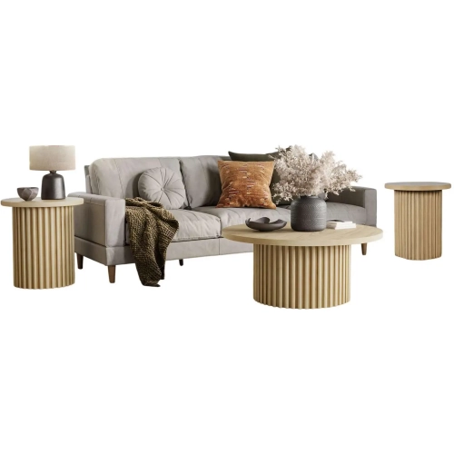 Auden 3 Piece Fluted Coffee & End Table Set in Natural Brown Wood